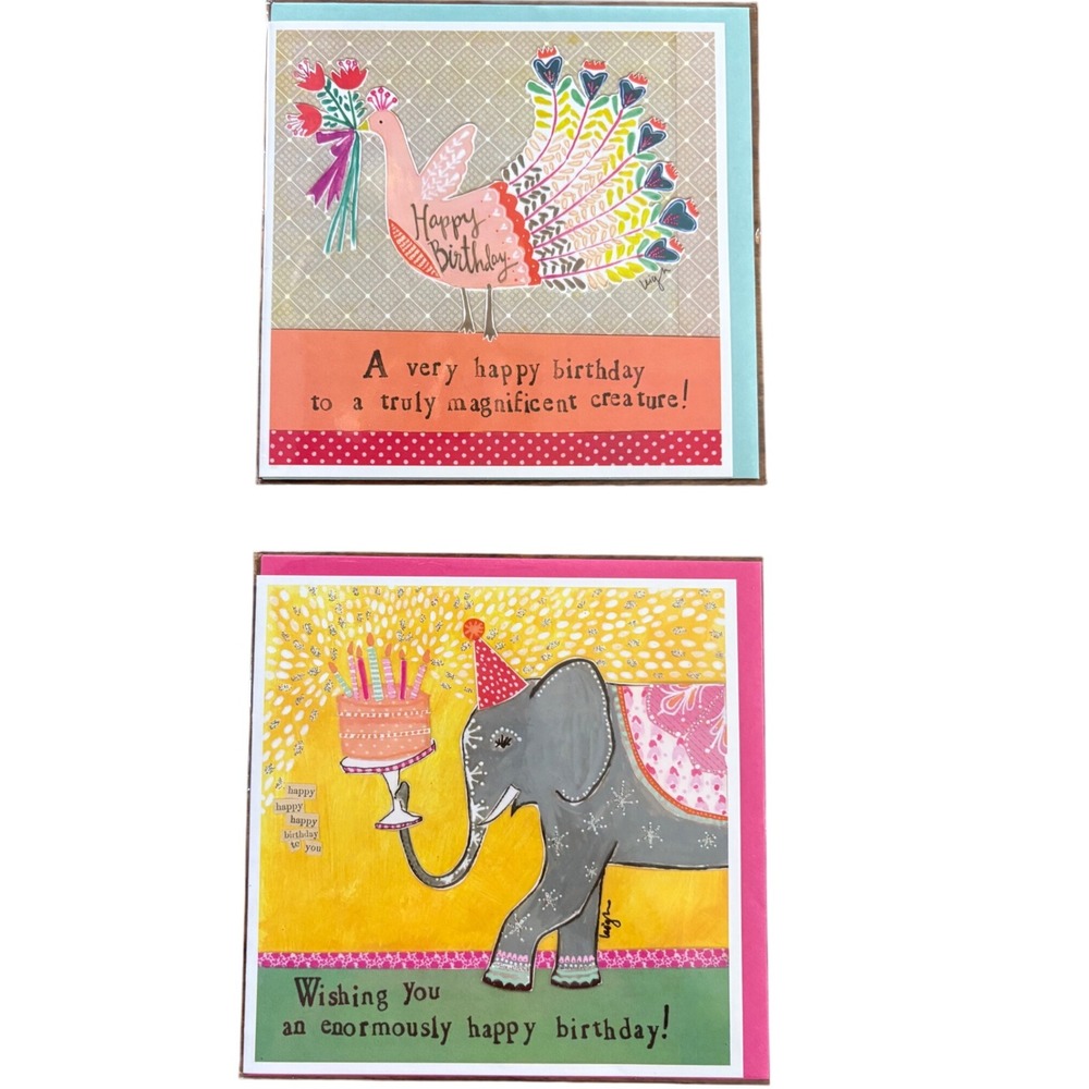 2 Curly‎ Girl Design Happy Birthday Cards New Cute Animal Elephant Peacock Blank